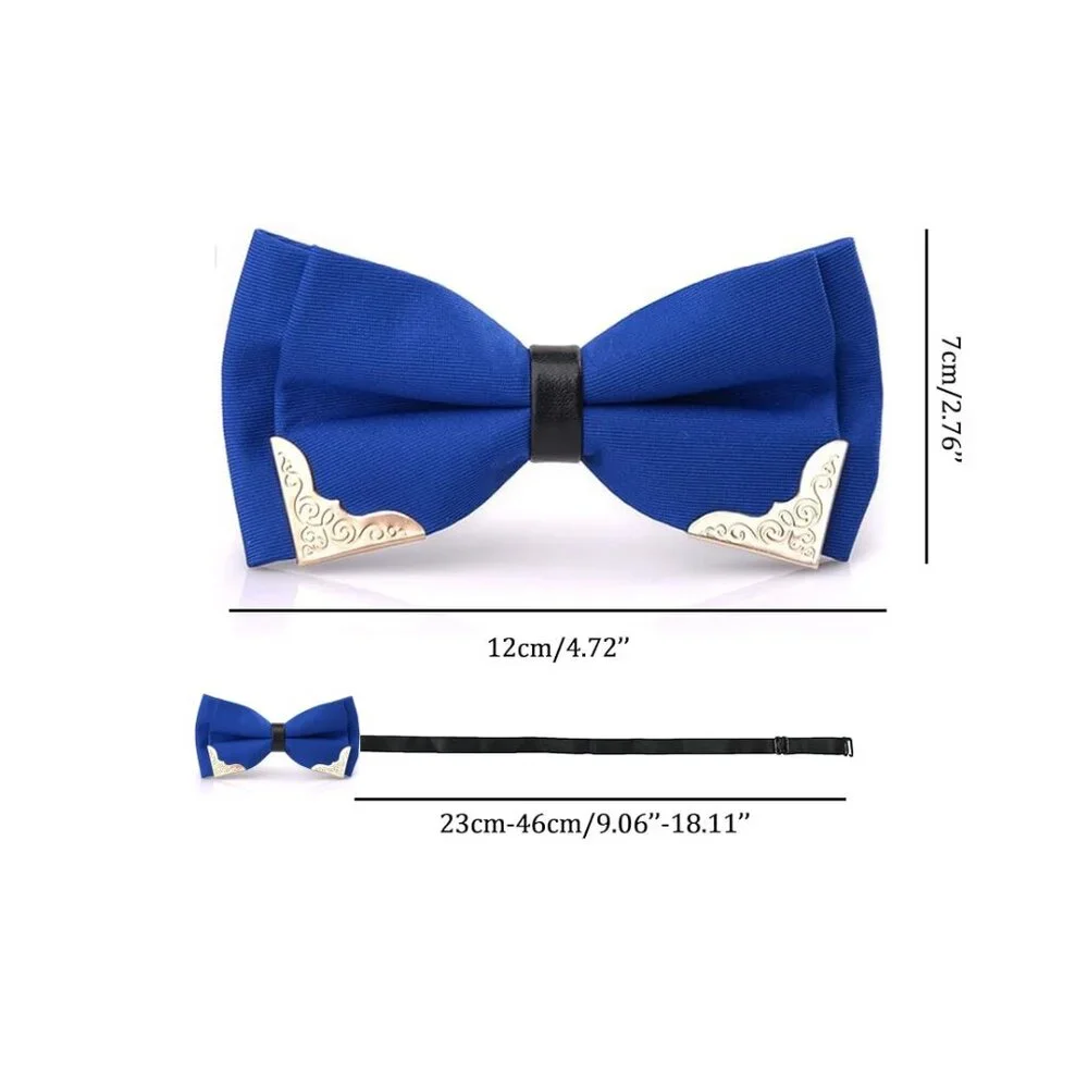 Golden Metal Edged PU Leather Satin Bowtie Necktie Bow Tie Blue - Picture 2 of 3